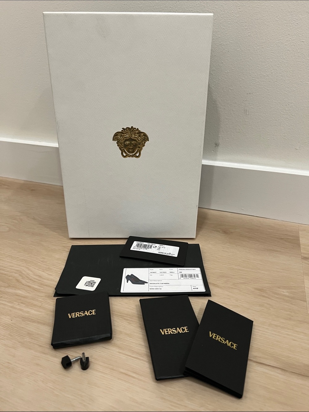 VERSACE Shoe Box, Tissue, Heel Tip Replacements & Paperwork